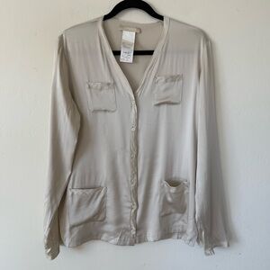MaxMara Champagne Silk Pocket Front Button Down Blouse Top Size 10